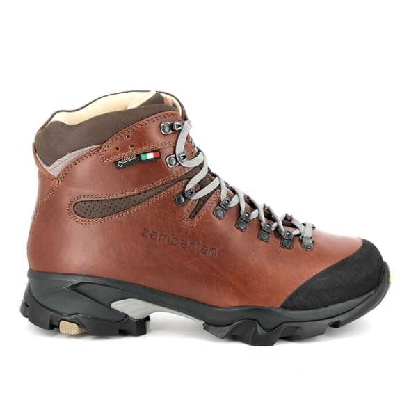 Zamberlan Vioz Lux GTX RR hiking boots from the side, highlighting the durable leather and waterproof features.