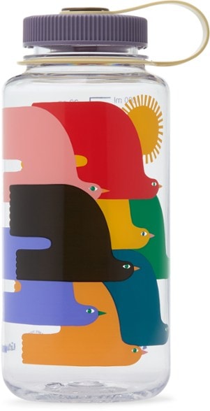 Nalgene Pride Wide-Mouth Water Bottle from the side, highlighting its colorful design and wide mouth for easy filling.