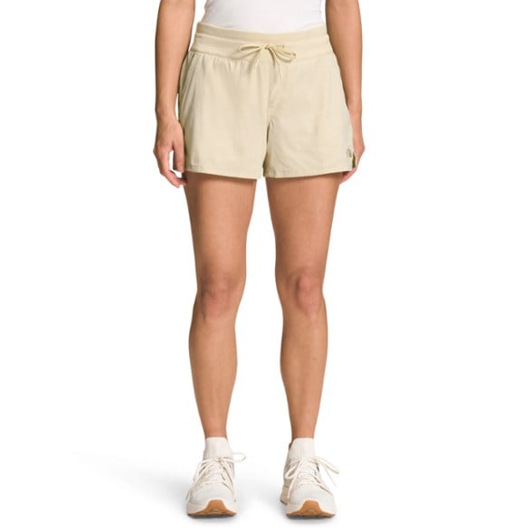 Front view of women's hiking shorts with pockets showing adjustable waistband and breathable fabric