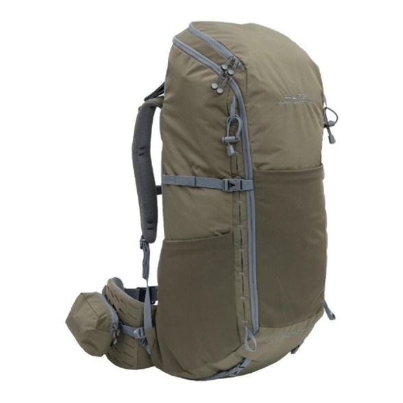 Front view of Alpine Trekker 75L expedition backpack showing hydration ports and multiple compartments