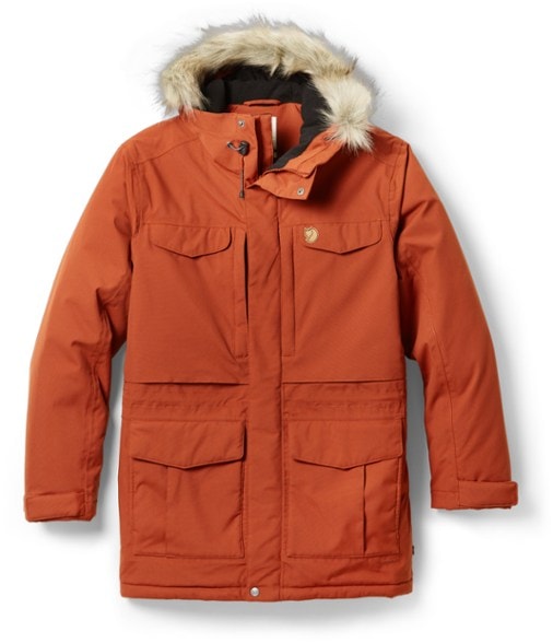 Fjallraven Nuuk Insulated Parka in black, showcasing its adjustable fleece-lined hood.