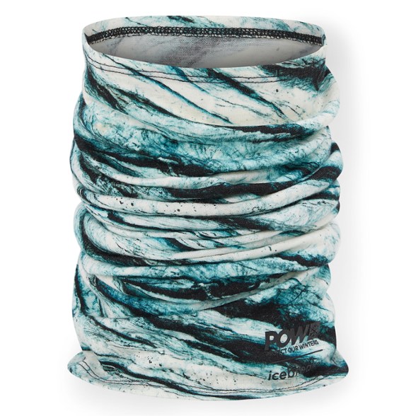 Eco-friendly merino wool gaiter worn as a beanie in snowy landscape.