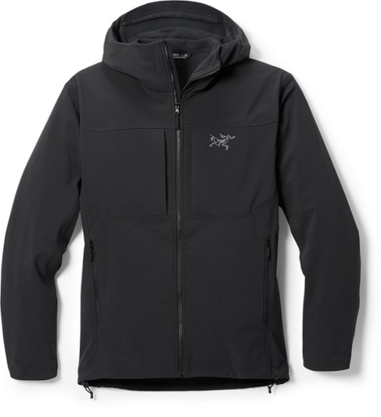 Front angle of the lightweight breathable softshell jacket with hood during ice climbing