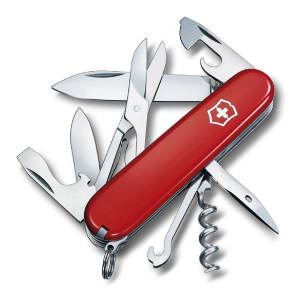 Victorinox Climber knife showing all 14 functions in an outdoor setting.