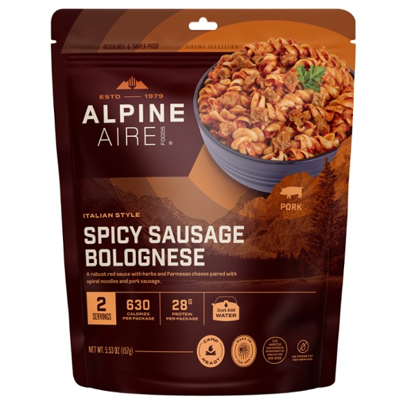 AlpineAire Spicy Sausage Bolognese Meal in a camping setting, showcasing the meal ready to eat.