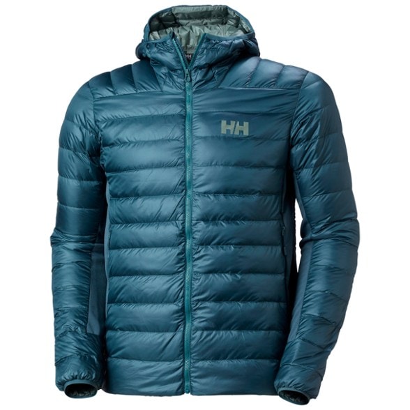 Men's down hybrid jacket from the front, showcasing its stylish design and flexible fit.