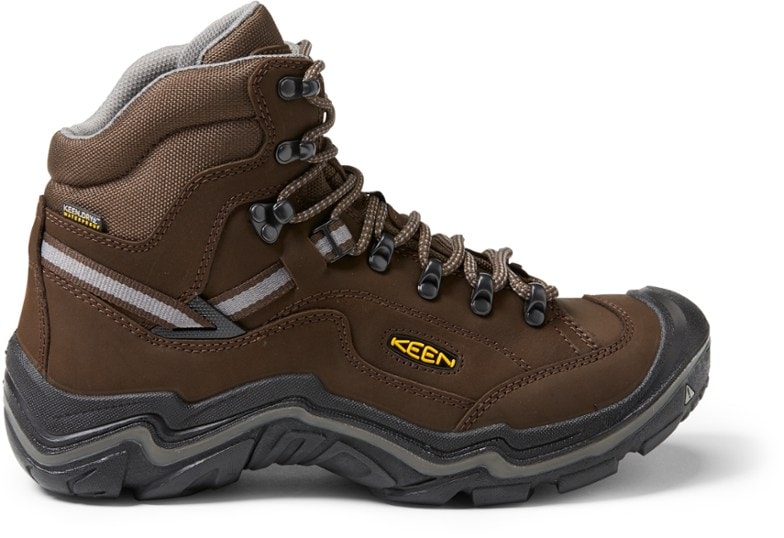 Side view of KEEN Durand II waterproof hiking boots on rocky terrain.